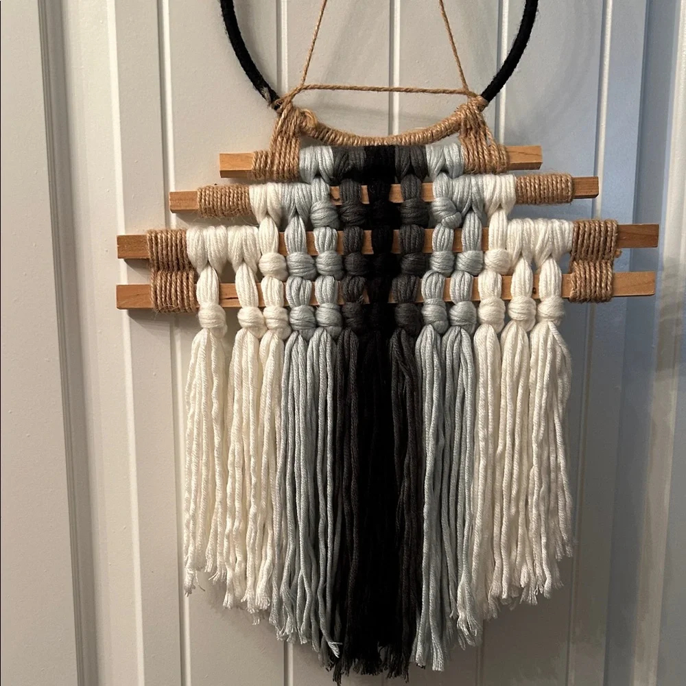 Bohemian Black and White yarn macrame Wall Hanging,Eclectic, Modern,